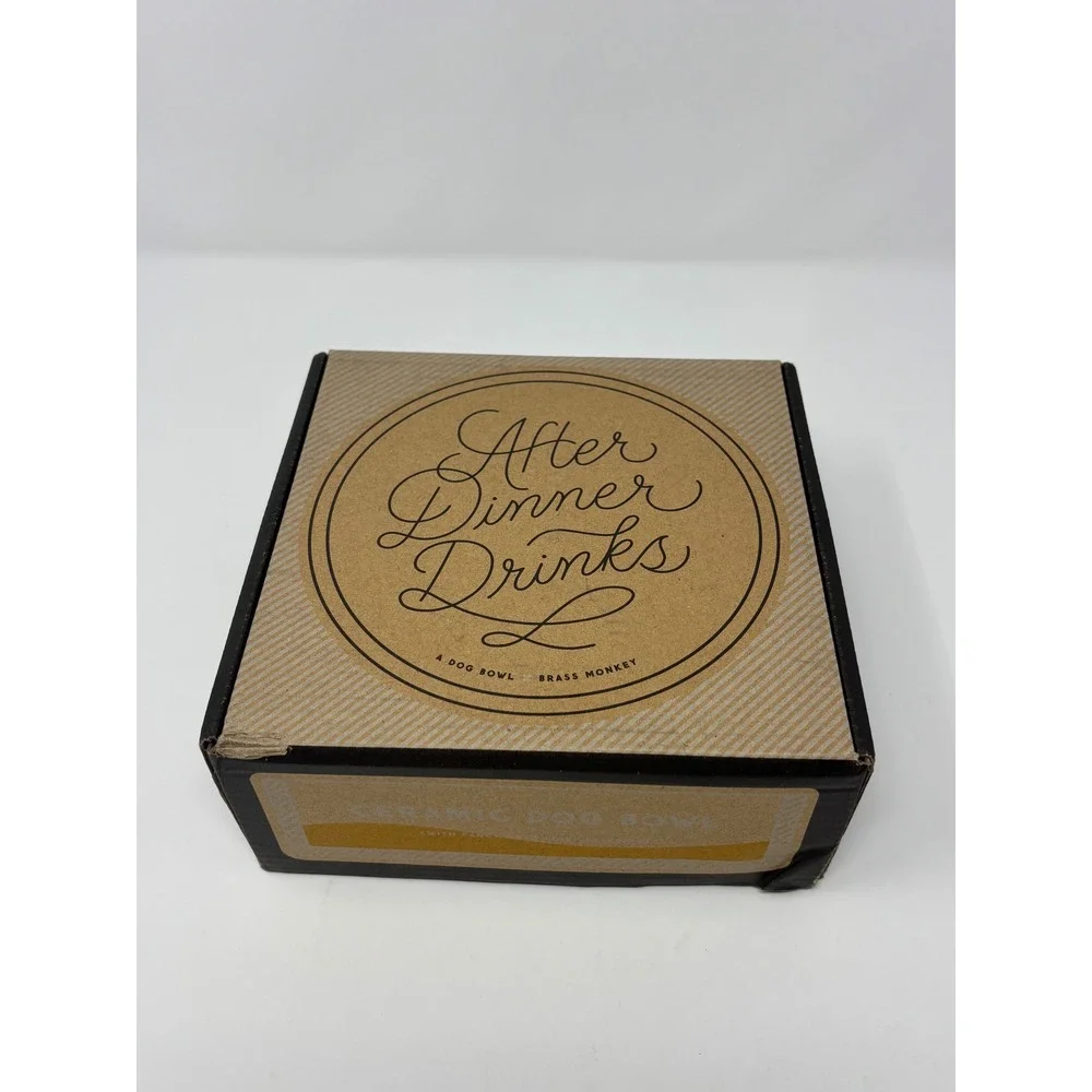 Brass Monkey After Dinner Drinks Ceramic Dog Bowl White Gold Foil lettering NIB